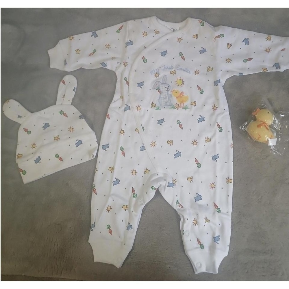Kids Studio My First Easter Layette Set Romper Bunny Hat Chick Rattle 3-6 Months
